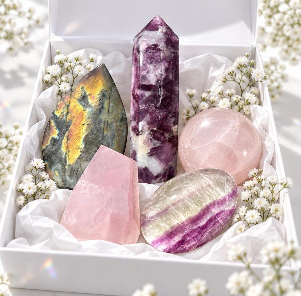 Pink Moon Crystal Gift Box, Lepidolite Tower, Sunset Labradorite, Rose Quartz, Candy Fluorite, Spiritual Gift for Her