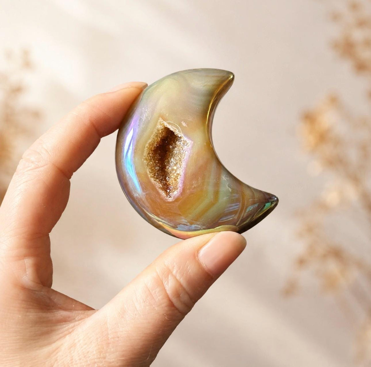 Aura Agate Druzy Moon – Iridescent Crystal Crescent | Balance, Protection & Moon Energy