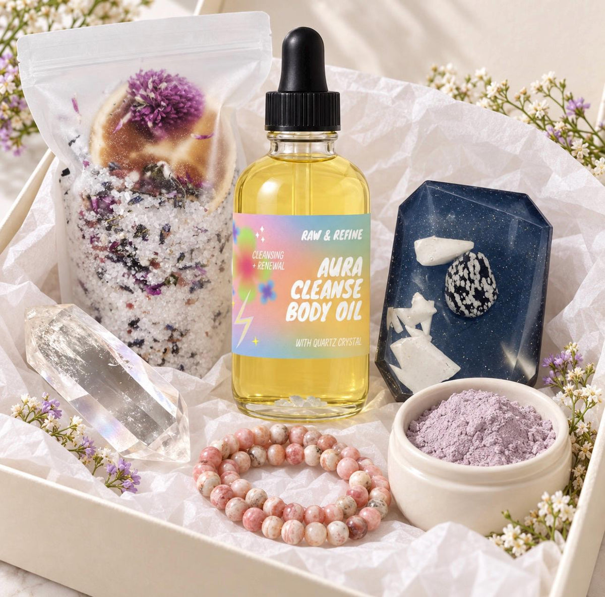 Aura Cleanse Crystal Spa Box, Quartz Body Oil, Protection Soap, Bath Salts, Rhodochrosite Bracelet, Gift for Her