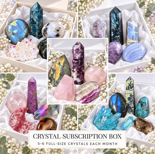 6 Month Crystal Subscription Box UK, 6 Monthly Mystery Boxes, 5–6 Full-Size Crystals, Luxury Gift for Her