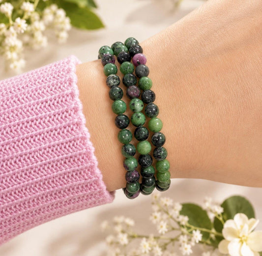 6mm Ruby Zoisite Crystal Bracelet – Green & Ruby Gemstone Jewellery | Passion, Growth and Confidence