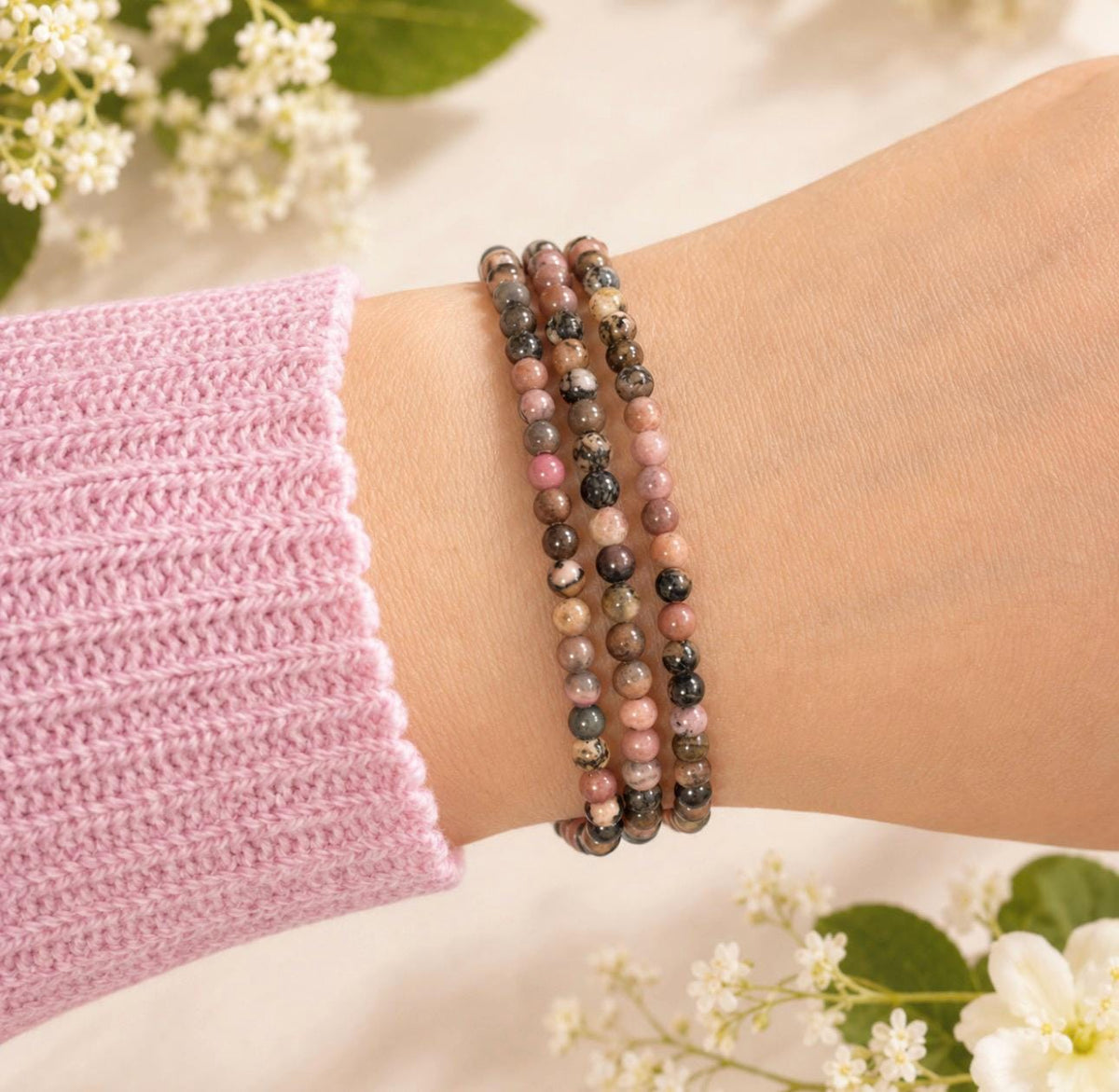3mm Rhodonite Crystal Bracelet – Pink Gemstone Jewellery | Love, Confidence and Emotional Balance