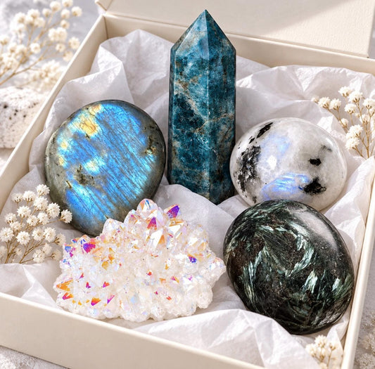 Snow Moon Crystal Gift Box, Apatite Tower, Blue Labradorite, Angel Aura Quartz, Astrophyllite, Rainbow Moonstone Gift