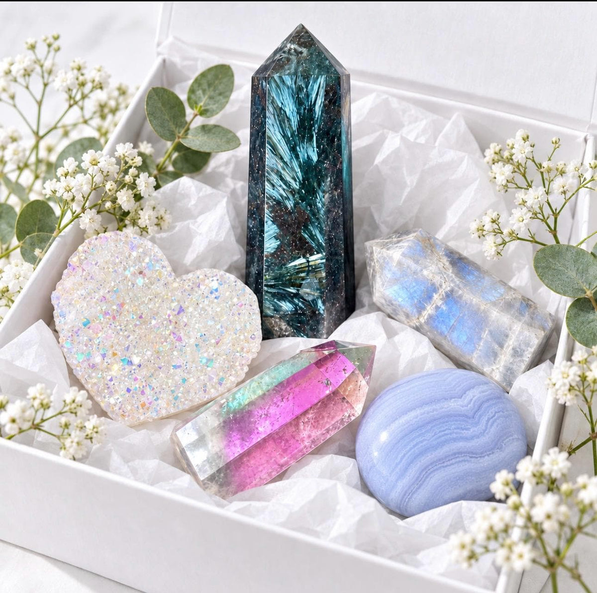 Cold Moon Crystal Gift Box, Astrophyllite Tower, Angel Aura Quartz Heart, Tanzine Aura, Moonstone and Blue Lace Agate