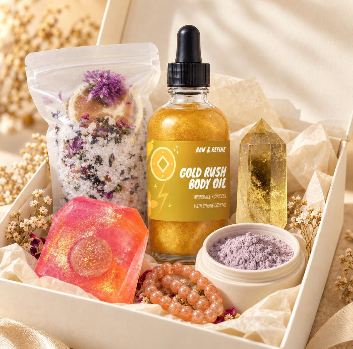 Gold Rush Crystal Spa Box, Citrine Body Oil, Sunstone Bracelet, Bath Salts, Clay Face Mask, Luxury Gift for Her