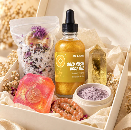 Gold Rush Crystal Spa Box, Citrine Body Oil, Sunstone Bracelet, Bath Salts, Clay Face Mask, Luxury Gift for Her