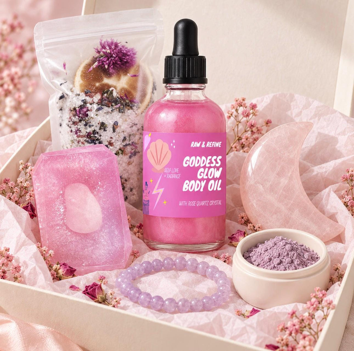 Goddess Glow Crystal Spa Box, Rose Quartz Body Oil, Wild Roses Soap, Amethyst Face Mask, Luxury Gift for Her