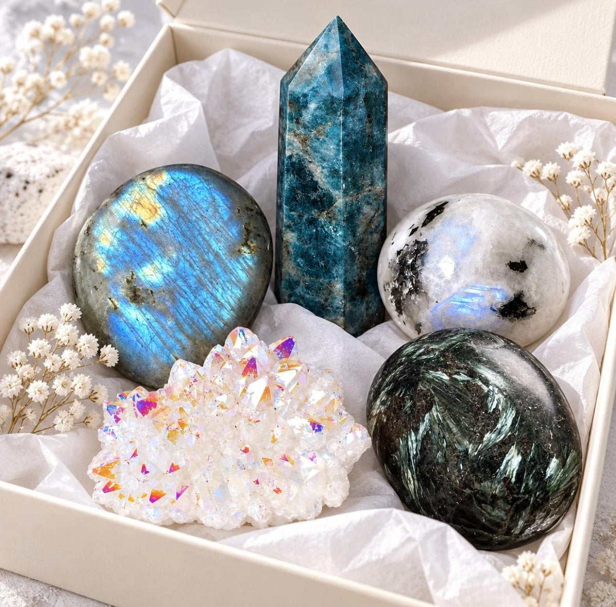6 Month Crystal Subscription Box UK, 6 Monthly Mystery Boxes, 5–6 Full-Size Crystals, Luxury Gift for Her