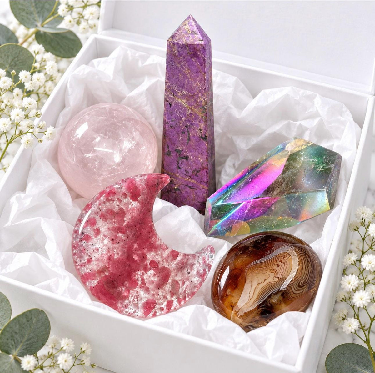 6 Month Crystal Subscription Box UK, 6 Monthly Mystery Boxes, 5–6 Full-Size Crystals, Luxury Gift for Her
