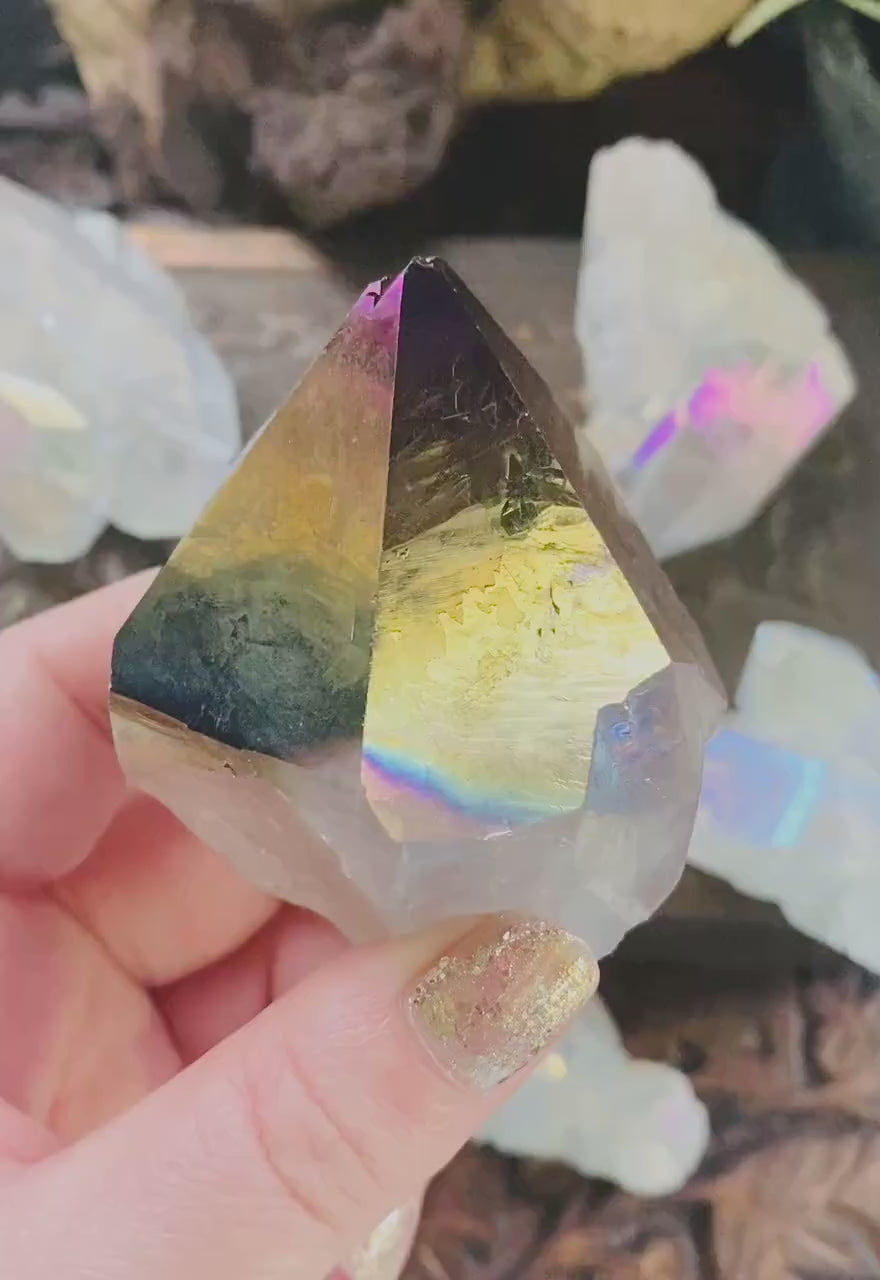 Amethyst Crystal Point: Celestial Aura Cut Base, Ethereal Purple Decor